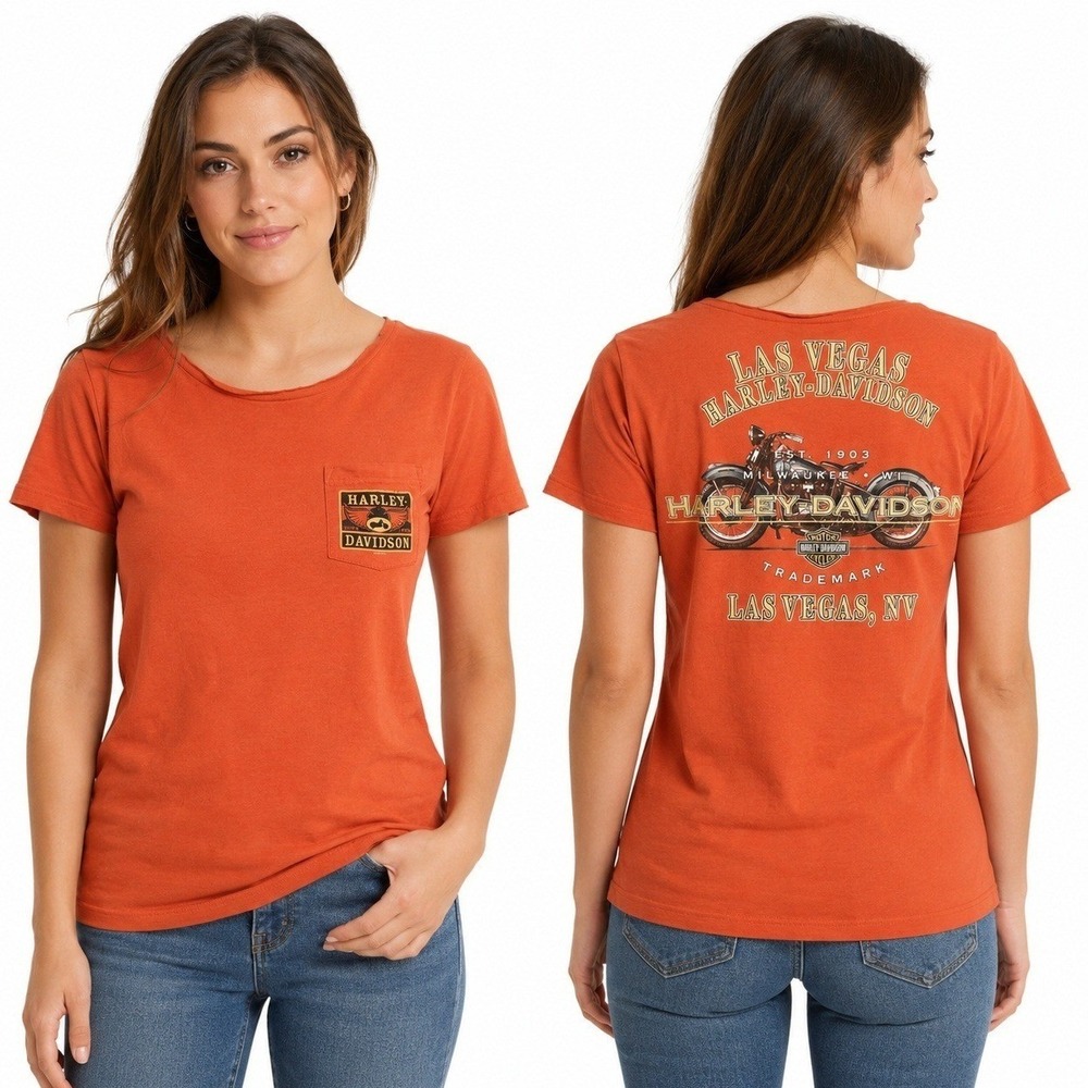 Harley-Davidson Shirt Women's M Las Vegas‎ Vintage 2005 Orange Cut Neck *FLAW